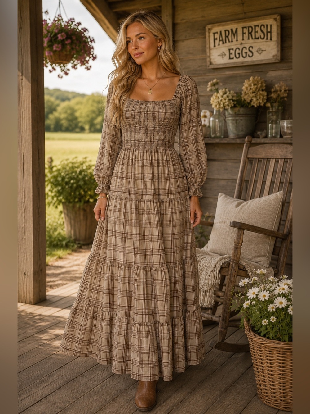 Grade & Gather Plaid Smocked Midi Dress Cottagecore Prairie Boho Small Country
